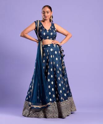 Navy Blue Lehenga Set Zari Work 1