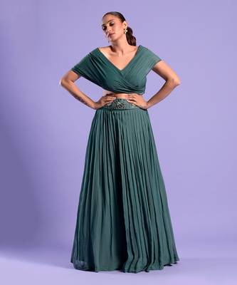 Green Crop Top And Skrit With Cutdana And Bead Work 1