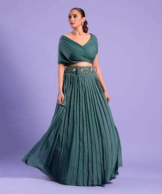 Green Crop Top And Skrit With Cutdana And Bead Work 2