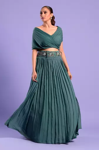 Green Crop Top And Skrit With Cutdana And Bead Work