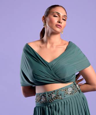 Green Crop Top And Skrit With Cutdana And Bead Work 3