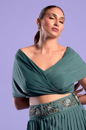Green Crop Top And Skrit With Cutdana And Bead Work