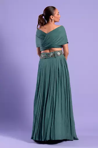 Green Crop Top And Skrit With Cutdana And Bead Work