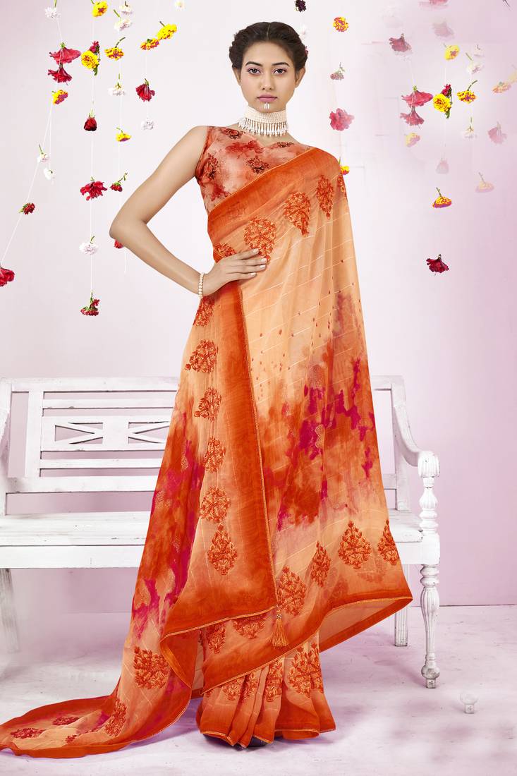 Orange embroidered georgette saree with blouse