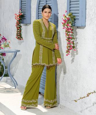 Mehendi Green Handcrafted Jacket Kurta Paired With Handembroidered Pants 1