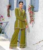 Mehendi Green Handcrafted Jacket Kurta Paired With Handembroidered Pants