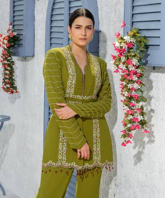 Mehendi Green Handcrafted Jacket Kurta Paired With Handembroidered Pants 2