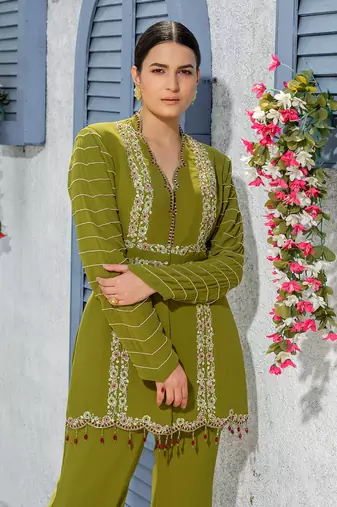 Mehendi Green Handcrafted Jacket Kurta Paired With Handembroidered Pants