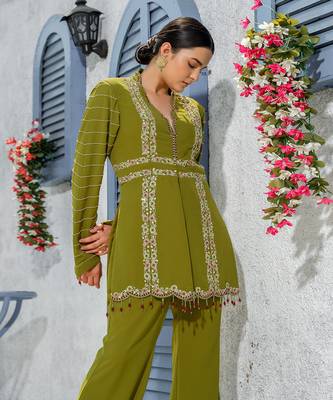 Mehendi Green Handcrafted Jacket Kurta Paired With Handembroidered Pants 3