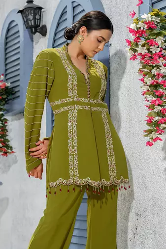 Mehendi Green Handcrafted Jacket Kurta Paired With Handembroidered Pants