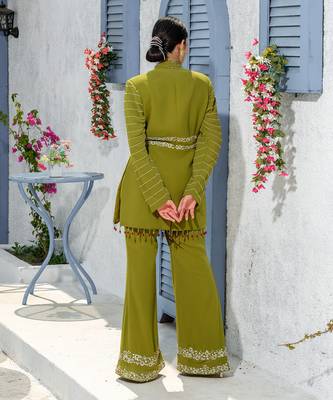 Mehendi Green Handcrafted Jacket Kurta Paired With Handembroidered Pants 4
