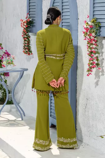 Mehendi Green Handcrafted Jacket Kurta Paired With Handembroidered Pants