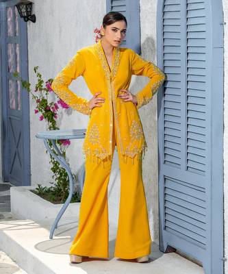 Yellow Collar Handcrafted Jacket Kurta Paired With Pants 1