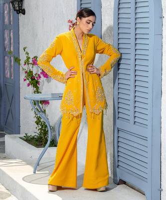 Yellow Collar Handcrafted Jacket Kurta Paired With Pants 2