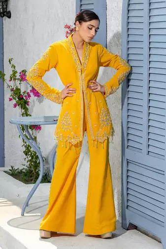 Yellow Collar Handcrafted Jacket Kurta Paired With Pants