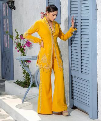 Yellow Collar Handcrafted Jacket Kurta Paired With Pants 3