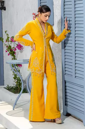 Yellow Collar Handcrafted Jacket Kurta Paired With Pants