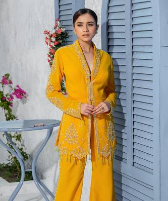 Yellow Collar Handcrafted Jacket Kurta Paired With Pants 4