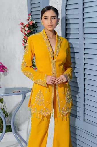 Yellow Collar Handcrafted Jacket Kurta Paired With Pants