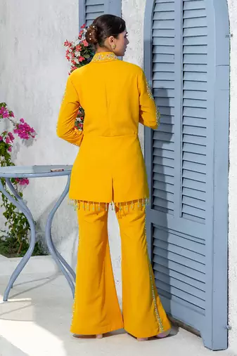 Yellow Collar Handcrafted Jacket Kurta Paired With Pants