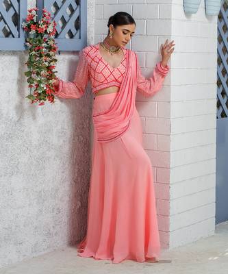 Candy Pink Kalidar Drape Saree Lehenga 2