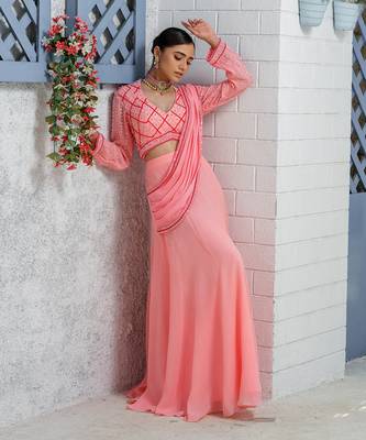 Candy Pink Kalidar Drape Saree Lehenga 3