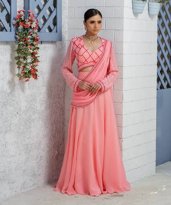 Candy Pink Kalidar Drape Saree Lehenga 1
