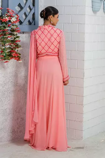 Candy Pink Kalidar Drape Saree Lehenga
