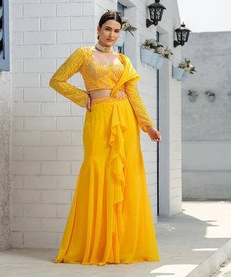 Yellow Mermaid Kalidar Drape Ruffle Saree Lehenga Set 1