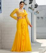 Yellow Mermaid Kalidar Drape Ruffle Saree Lehenga Set
