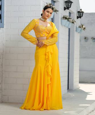 Yellow Mermaid Kalidar Drape Ruffle Saree Lehenga Set 2