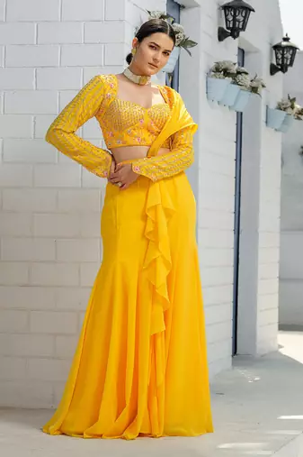 Yellow Mermaid Kalidar Drape Ruffle Saree Lehenga Set
