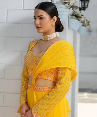 Yellow Mermaid Kalidar Drape Ruffle Saree Lehenga Set 3