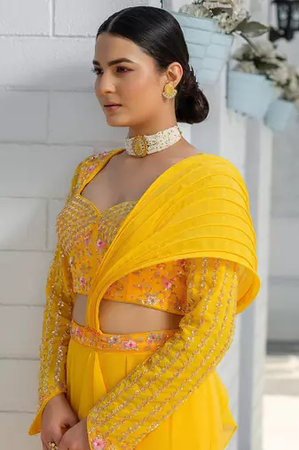 Yellow Mermaid Kalidar Drape Ruffle Saree Lehenga Set