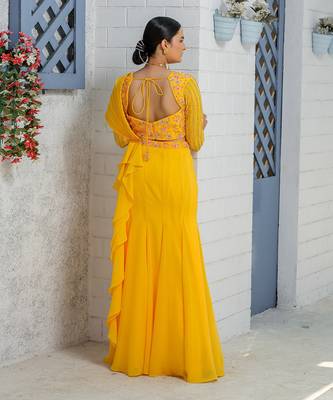 Yellow Mermaid Kalidar Drape Ruffle Saree Lehenga Set 4