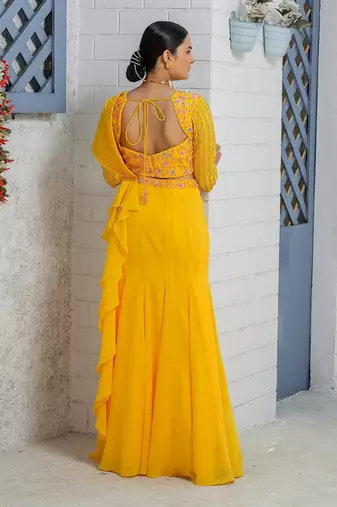 Yellow Mermaid Kalidar Drape Ruffle Saree Lehenga Set