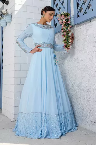 Sky Blue Kalidar Drape Anarkali Gown