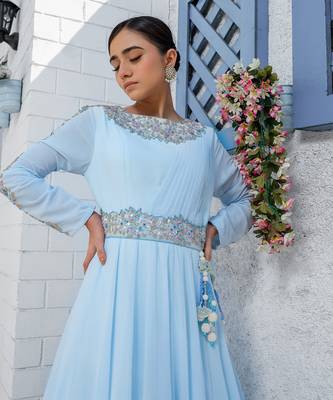 Sky Blue Kalidar Drape Anarkali Gown 3