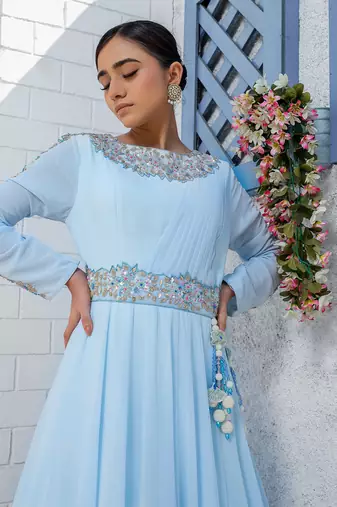 Sky Blue Kalidar Drape Anarkali Gown