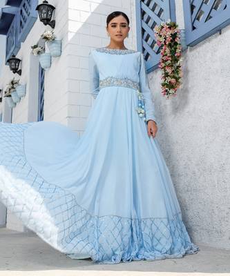 Sky Blue Kalidar Drape Anarkali Gown 4