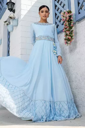 Sky Blue Kalidar Drape Anarkali Gown