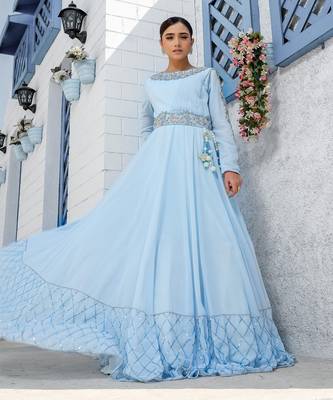 Sky Blue Kalidar Drape Anarkali Gown 5