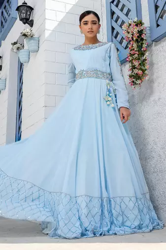 Sky Blue Kalidar Drape Anarkali Gown