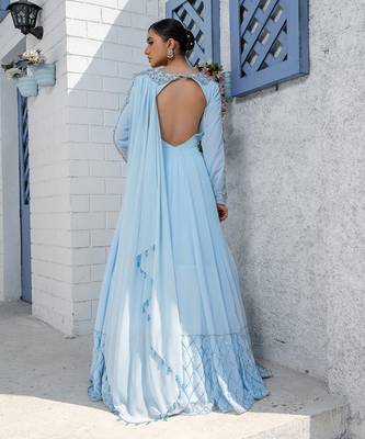 Sky Blue Kalidar Drape Anarkali Gown 6