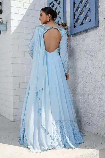 Sky Blue Kalidar Drape Anarkali Gown