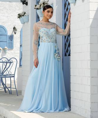 Sky Blue Floral Sheer Floor Length Gown With Floral Handcrafted Duppatta 1