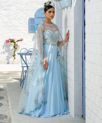 Sky Blue Floral Sheer Floor Length Gown With Floral Handcrafted Duppatta 2