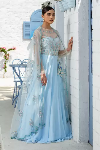 Sky Blue Floral Sheer Floor Length Gown With Floral Handcrafted Duppatta