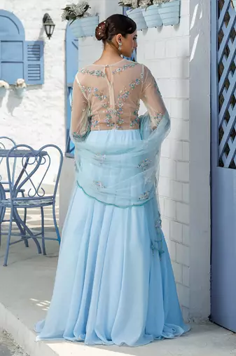 Sky Blue Floral Sheer Floor Length Gown With Floral Handcrafted Duppatta