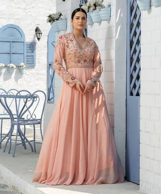 Coffee Floral High Neck Floor Length Gown With Floral Cutwork Duppatta 1